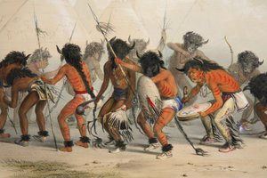 Buffalo Dance detalj, pub. 1845 fargelitografi. av George Catlin