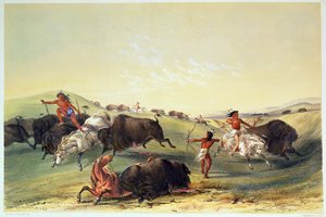 Buffalo Hunt, plate 7 fra Catlins North American Indian Collection, gravert av McGahey, Day og Haghe