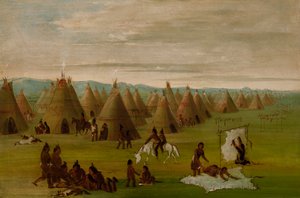 Comanche Village, kvinner som kler kapper og tørker kjøtt, 1834-1835. av George Catlin