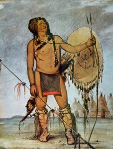 Comanche-kriger med skjold, lanse og bue og piler, ca. 1835 (farge litho) av George Catlin