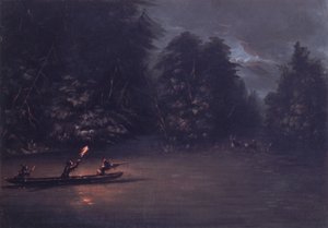 Hjortejakt med fakkel i barkkanoer, 1846-1848. av George Catlin