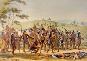 Game of the Arrow (farge litho) av George Catlin