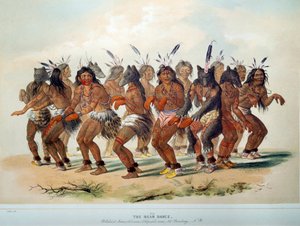 Indians of America: Bear Dance, ritual av en stamme med rød hud. Illustrasjon av George Catlin (1794-1872)