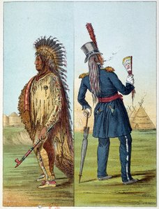 Indians of America: Indisk assiniboine-veterinær i militær i lommene sine to flasker whisky. Illustrasjon av George Catlin (1794-1872) av George Catlin