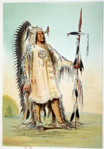 Indianere i Amerika: Mah-To-Toh-Pa (Mah To Toh Pa), andre Mandan-høvdingkledning. Illustrasjon av George Catlin (1794-1872) av George Catlin