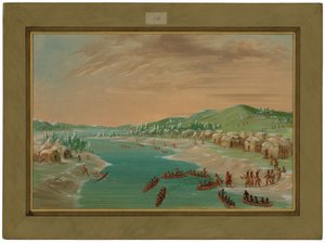 La Salle og følget hans ankommer til illinois-indianernes landsby. 1. januar 1680 av George Catlin