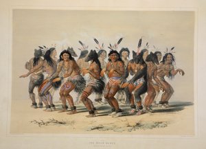 The Bear Dance, pub. 1845 fargelitografi. av George Catlin