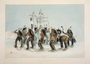 The Snow Shoe Dance, pub. 1845 fargelitografi. av George Catlin