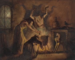 Scene med tre hekser fra Shakespeares Macbeth