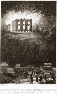 Nottingham Castle i brann, sett fra sør, 1831 av George Childs