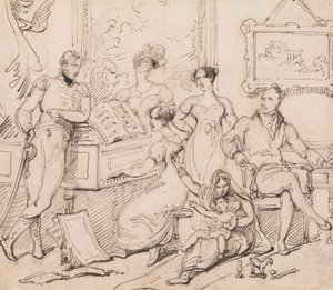 En familiegruppe rundt et piano av George Chinnery