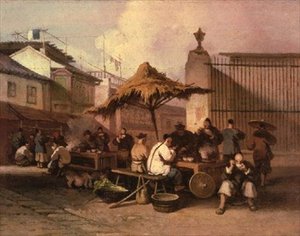 En gruppe kinesere som spiser utenfor kirken i San Domingo av George Chinnery