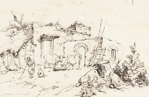 En landsbyscene i India [verso] av George Chinnery