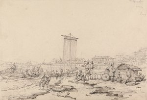 Kystscene med fiskere og bygninger, Macao av George Chinnery