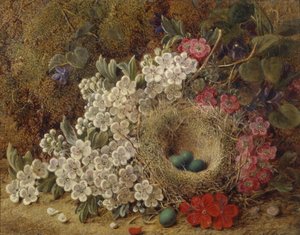 En fugl hekker og blomstrer på en mosegrodd bank (olje)