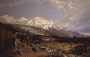Alpelandskap med figurer ved en fjellbekk