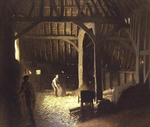 Låveinteriør med Working Boys av George Clausen