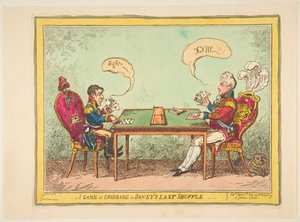 A Game of Cribbage eller Boneys Last Shuffle, 6. juni 1814. av George Cruikshank