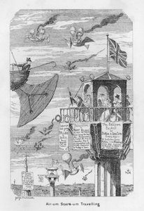 Air-um, Scare-um Traveling - dvs. forventning om fremtidens fly i 1843 av George Cruikshank