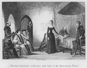 Biskop Gardiner konferanser med Jane, i Beauchamp Tower (gravering) av George Cruikshank