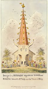 Design for et ritualistisk High Church Tower and Steeple, dedikert til Dr. Pusey and the Vicar of Bray, 1868 (trykk) av George Cruikshank