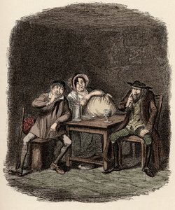 Fagin gjør forretninger med Morris Bolter, aka Noe Claypole, og Charlotte - Jøden og Morris Bolter begynner å forstå hverandre - Illustrasjon for "" Oliver Twist"" (Olivier) (The Adventures of Oliver Twist) av Charles Dickens (1812-1870) ), av George av George Cruikshank
