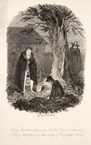 Guy Fawkes oppdager at doktor Dee og Edward Kelley forstyrrer kroppen til Elizabeth Orton, illustrasjon fra Guy Fawkes, eller Gunpowder Treason: an Historical Romance, av William Harrison Ainsworth, pu av George Cruikshank