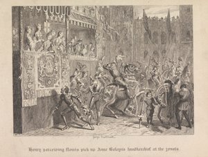 Henry oppfatter Norris plukke opp Ann Boleyns lommetørkle på dystene av George Cruikshank