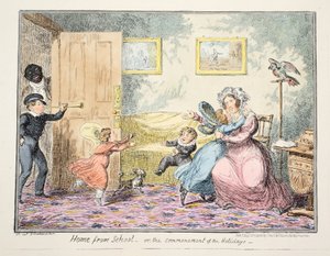 Hjem fra skolen eller påbegynnelsen av helligdagene pub. 1835 (håndfarget gravering) av George Cruikshank