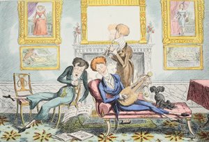 Hummingbirds or A Dandy Trio, pub. 1835 (håndfarget gravering) av George Cruikshank