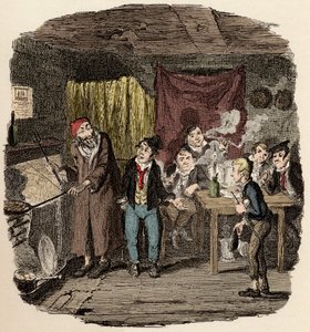 I London, Jack Dawkins kalt reven presenterer Oliver til Fagin og teamet hans av malfrater - Oliver introdusert for den respektable gamle gentlemannen - Illustrasjon for "Oliver Twist" (Olivier) (The Adventures of Oliver Twist) av Charles Dickens (1812-187