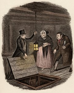 I nærvær av Monsieur Bumble og Madame Corney, forsvinner Monks medaljongen til Oliver Twist - Bevisene ødelagt - Illustrasjon for "Oliver Twist" (Oliver) (The Adventures of Oliver Twist) av Charles Dickens (1812-1870), av George Cruikshank ( av George Cruikshank