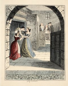 Jack Sheppard rømmer fra det fordømte lastrommet i Newgate, illustrasjon fra Jack Sheppard: A Romance av William Harrison Ainsworth, pub. 1839 (håndfarget gravering) av George Cruikshank