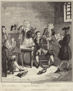 Jack Sheppard får sitt portrett malt av Sir James Thornhill i fengselet av George Cruikshank