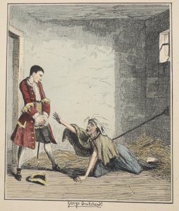 Jack Sheppard besøker sin mor i Bedlam, illustrasjon fra Jack Sheppard: A Romance av William Harrison Ainsworth, utgitt 1839 (håndfarget etsning)