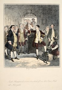 Jack Sheppards jern slått av i Stone Hall ved Newgate, illustrasjon fra Jack Sheppard: A Romance av William Harrison Ainsworth, utgitt 1839 (håndfarget etsning) av George Cruikshank