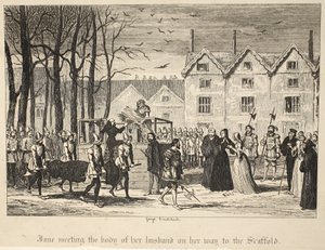Jane møter liket av mannen sin på vei til stillaset, fra puben The Tower of London. 1840 av George Cruikshank