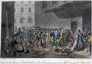 Inngangen til Operaen i Paris - i ""Livet i Paris"" av David Carey, ill. av Georges Cruikshank, red. Faiburn, London av George Cruikshank