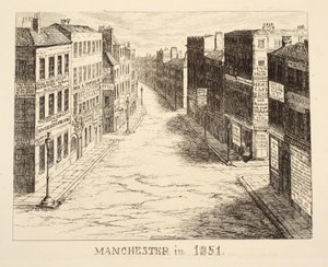 Manchester i 1851, fra 1851 eller The Adventures of Mr & Mrs Sandboys og familie som kom opp til London for å kose seg og se den store utstillingen, pub. 1851 av George Cruikshank