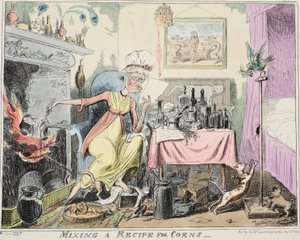 Mixing A Recipe for Corns, pub. 1835 (håndfarget gravering) av George Cruikshank