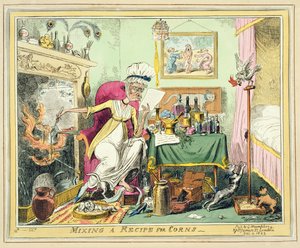Mixing a Recipe for Corns, utgitt av G. Humphrey, London, 4. desember 1822 (farget etsning) av George Cruikshank
