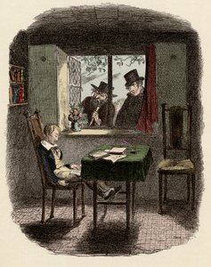 Munker og Fagin observerer Oliver som sover i Maylie-biblioteket - Monks and the Jew - Illustrasjon for "" Oliver Twist"" (Oliver) (The Adventures of Oliver Twist) av Charles Dickens (1812-1870), av George Cruikshank (1792-1878) ). av George Cruikshank