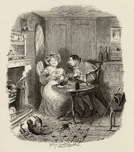 Mr Bumble og fru Corney tar te, fra "The Adventures of Oliver Twist" av Charles Dickens (1812-70) 1838, utgitt av Chapman und Hall, 1901 av George Cruikshank