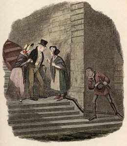 Noe Claypole spionerer på den hemmelige avtalen mellom Mr. Brownlow, Rose Maylie og Nancy - Møtet - Illustrasjon for "" Oliver Twist"" (Olivier) (The Adventures of Oliver Twist) av Charles Dickens (1812-1870), av George Cruikshank (1792-1878). av George Cruikshank