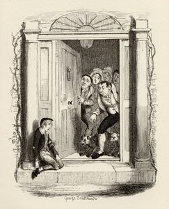 Oliver Twist ved Mrs Maylies dør, fra "The Adventures of Oliver Twist" av Charles Dickens (1812-70) 1838, utgitt av Chapman und Hall, 1901