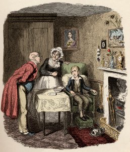 Oliver blir samlet og tatt vare på av Mr. Brownlow og hans husholderske Mrs. Bedwin - Oliver kommer seg etter feberen - Illustrasjon for "" Oliver Twist"" (Oliver) (The Adventures of Oliver Twist) av Charles Dickens (1812-1870), av George Cruikshank (1792-