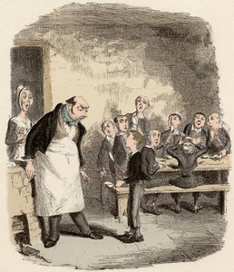 Oliver er designet for å be om ekstra mat fra veilederen for Young Children's Hospice - Oliver ber om mer - Illustrasjon for "" Oliver Twist"" (Olivier) (The Adventures of Oliver Twist) av Charles Dickens (1812-1870), av George Crui av George Cruikshank