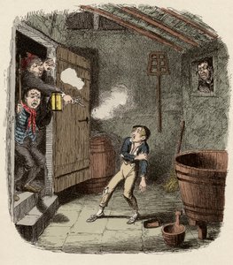 Oliver overrasket og såret under innbruddsforsøket - The Burglary - Illustrasjon for "" Oliver Twist"" (Olivier) (The Adventures of Oliver Twist) av Charles Dickens (1812-1870), av George Cruikshank (1792-1878). av George Cruikshank
