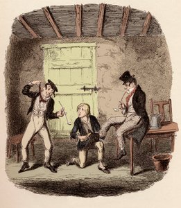 Oliver vokser revens sko mens Charley Bates forklarer farene ved å henge - Master Bates forklarer en profesjonell teknikalitet - Illustrasjon for "Oliver Twist" (Olivier) (The Adventures of Oliver Twist) av Charles Dickens (1812-1870), av George Crui av George Cruikshank