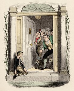 Oliver sår og eksos ber om hjelp - Oliver Twist ved Mrs Maylies dør - Illustrasjon for "" Oliver Twist"" (Olivier) (The Adventures of Oliver Twist) av Charles Dickens (1812-1870), av George Cruikshank (1792-1878) . av George Cruikshank